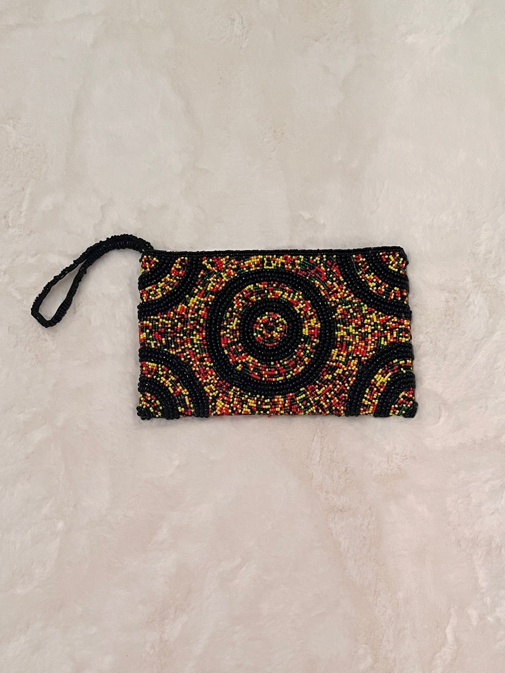 Handmade African Beaded Wristlet Pouch - Black, Red, Yellow, Green - NWOT